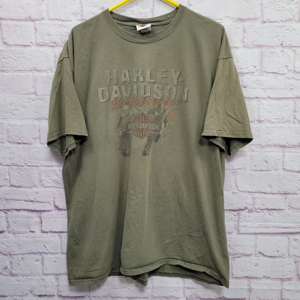Harley Davidson Olive Green Graphic Tshirt 2X Stillwater OK‎ Biker Grunge Street